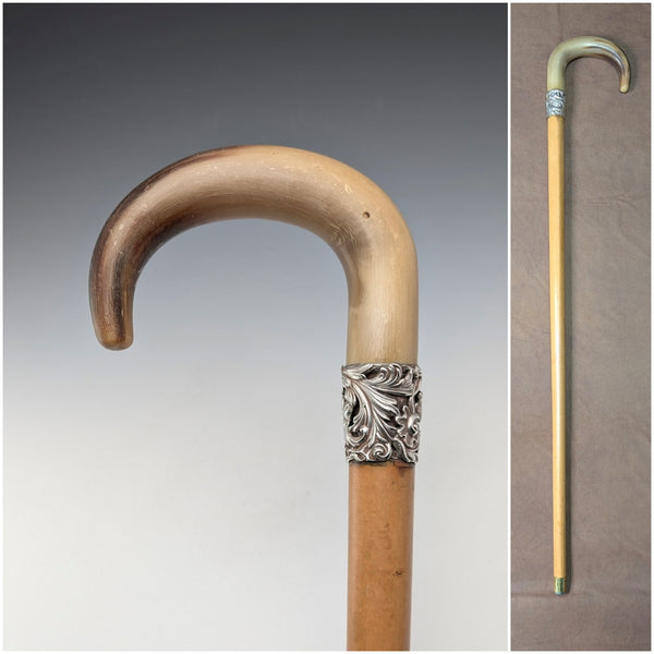 Antique British tan shaft horn bent handle walking stick 83cm